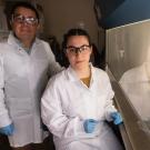 Wearing white lab coats, Jasmine Diaz and Luis Carvajal-Carmona pose in a science lab